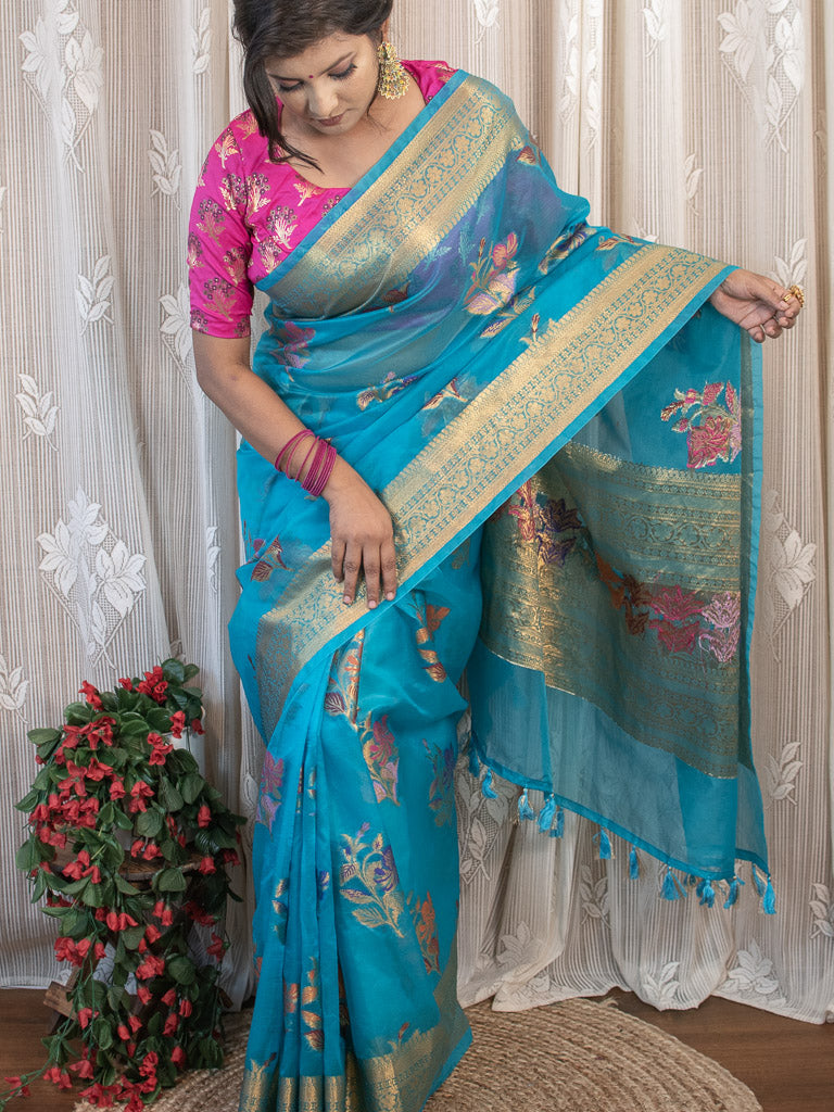 Banarasi organza Saree With Zari & Resham Floral Weaving-Blue