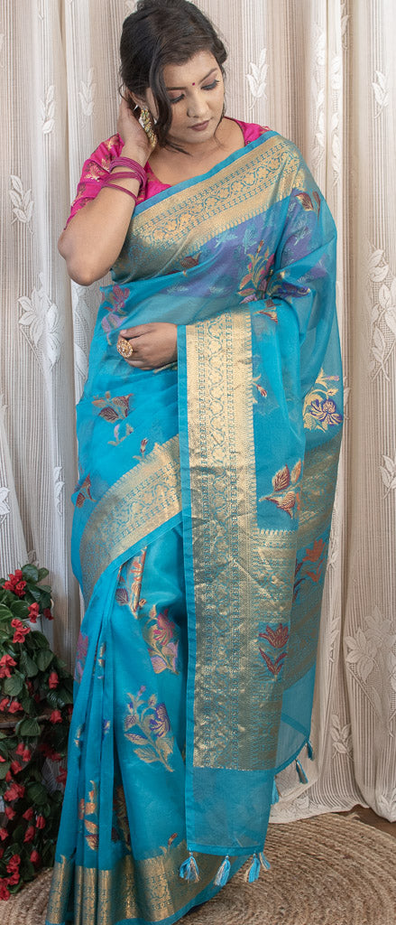 Banarasi organza Saree With Zari & Resham Floral Weaving-Blue