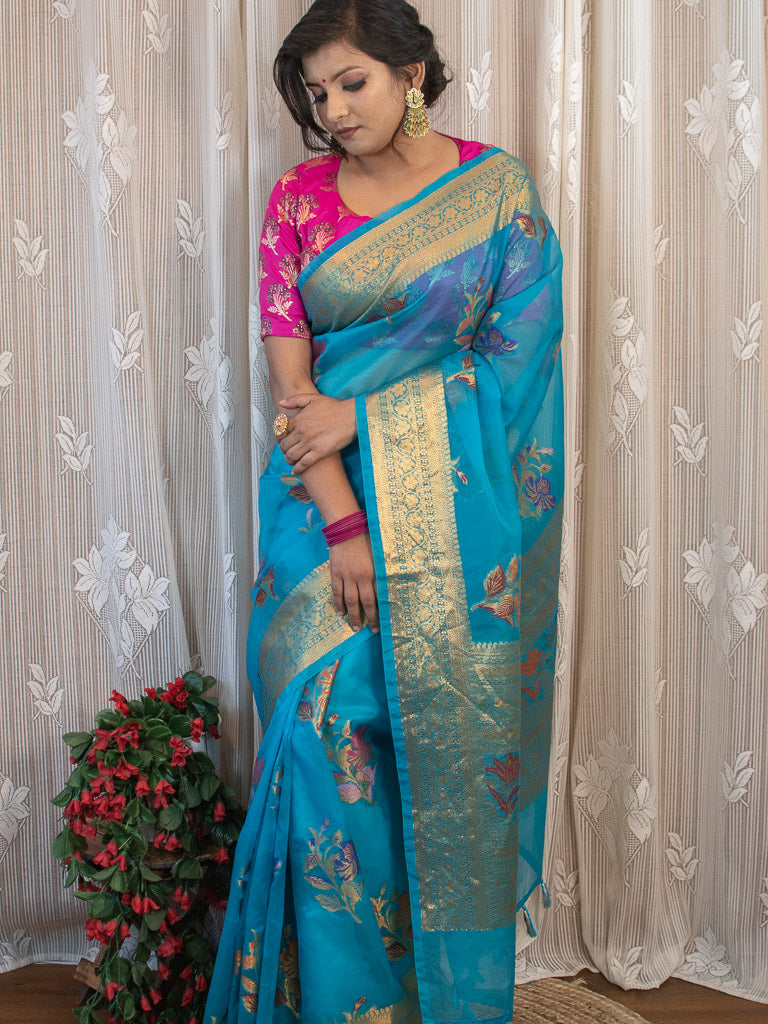 Banarasi organza Saree With Zari & Resham Floral Weaving-Blue