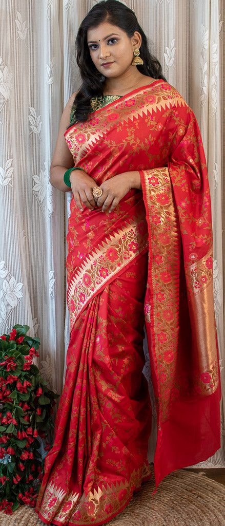 Banarasi Handloom Art Katan Silk Saree With Meena Jaal Weaving-Red