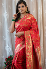 Banarasi Handloom Art Katan Silk Saree With Meena Jaal Weaving-Red