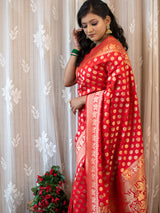 Banarasi Art Katan Silk Saree With Buti Weaving-Red