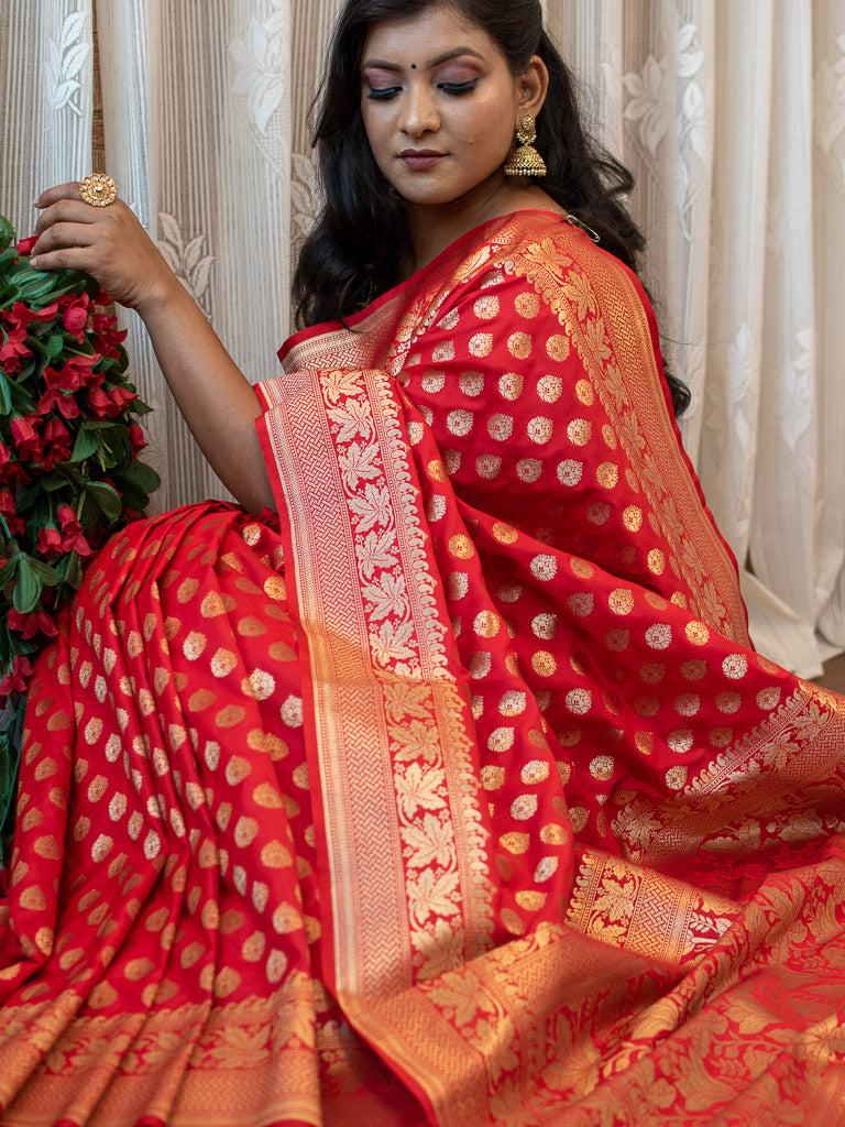 Banarasi Art Katan Silk Saree With Buti Weaving-Red