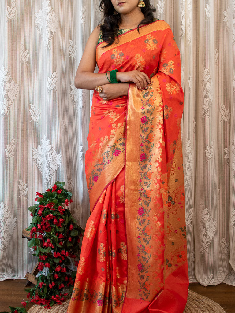 Banarasi Semi Silk Saree With Zari & Meena Weaving-Orange