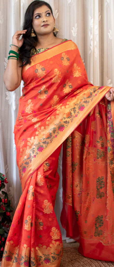 Banarasi Semi Silk Saree With Zari & Meena Weaving-Orange
