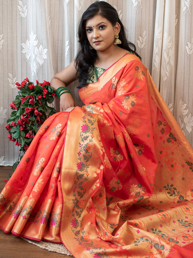 Banarasi Semi Silk Saree With Zari & Meena Weaving-Orange