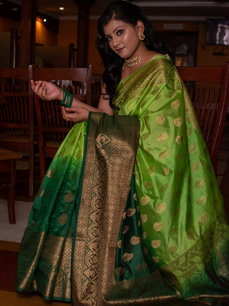 Banarasi Dual Share Semi Dupion Silk Saree With Antique Zari Weaving-Green