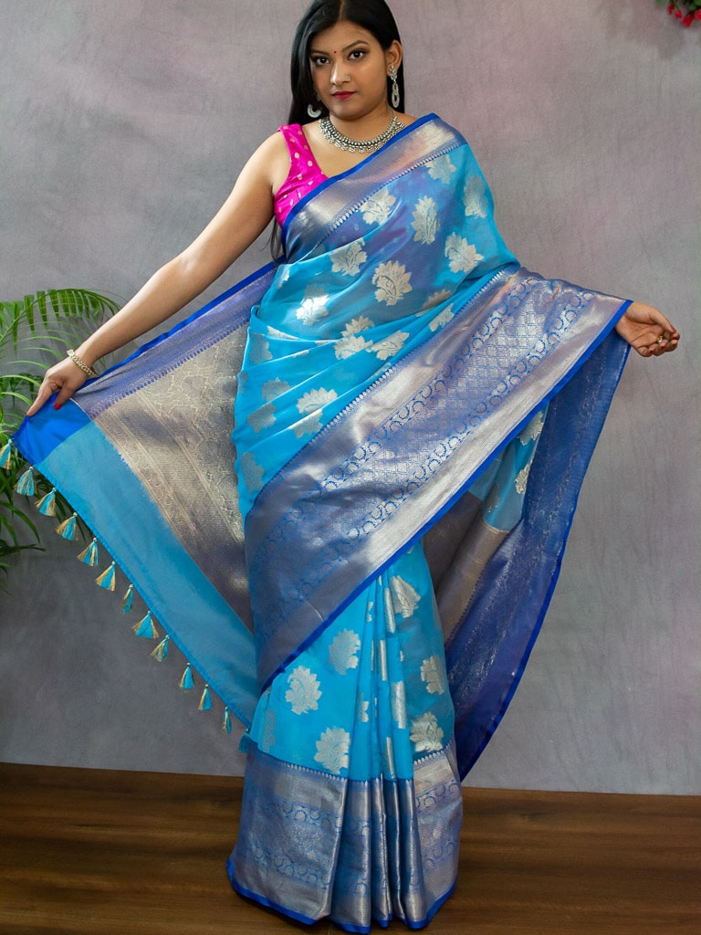 Banarasi Semi Silk Saree With Contrast Floral Buti Weaving Border-Blue