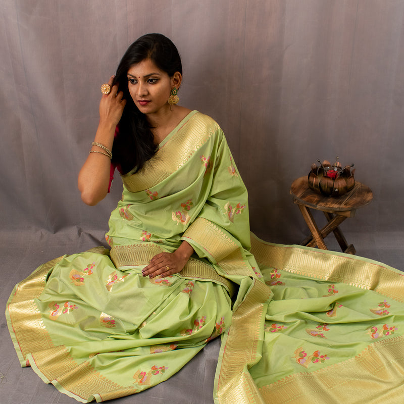 Pastel Green Chikankari Weaving Silk Saree – Ethnos