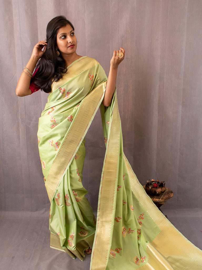 Banarasi Art Katan Silk Saree With Meena Buta Weaving-Pastel Green