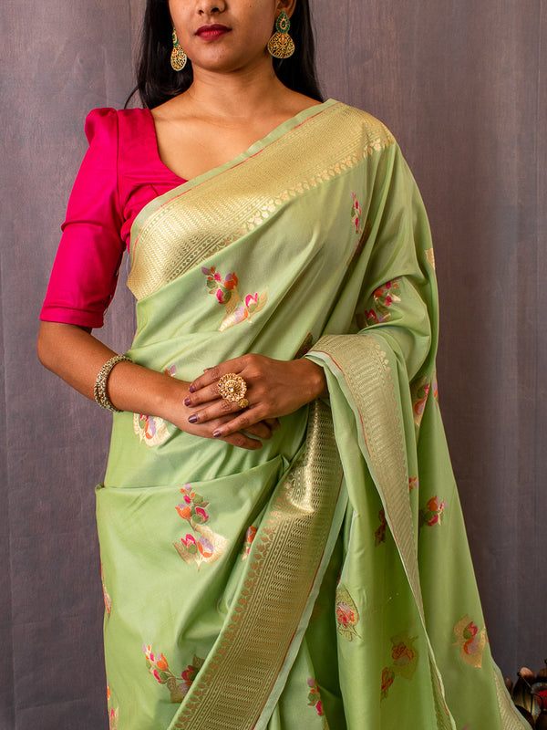 Banarasi Art Katan Silk Saree With Meena Buta Weaving-Pastel Green