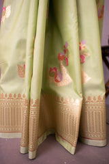 Banarasi Art Katan Silk Saree With Meena Buta Weaving-Pastel Green