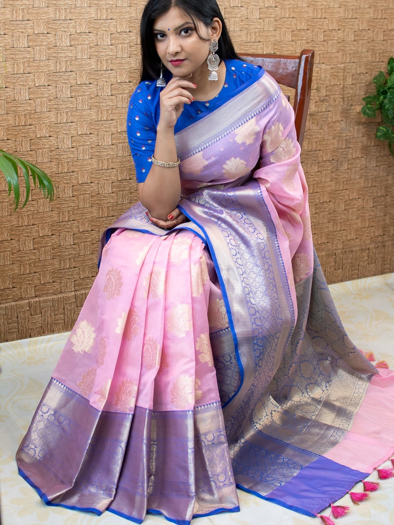 Banarasi Semi Silk Saree With Contrast Floral Buti Weaving Border-Baby Pink