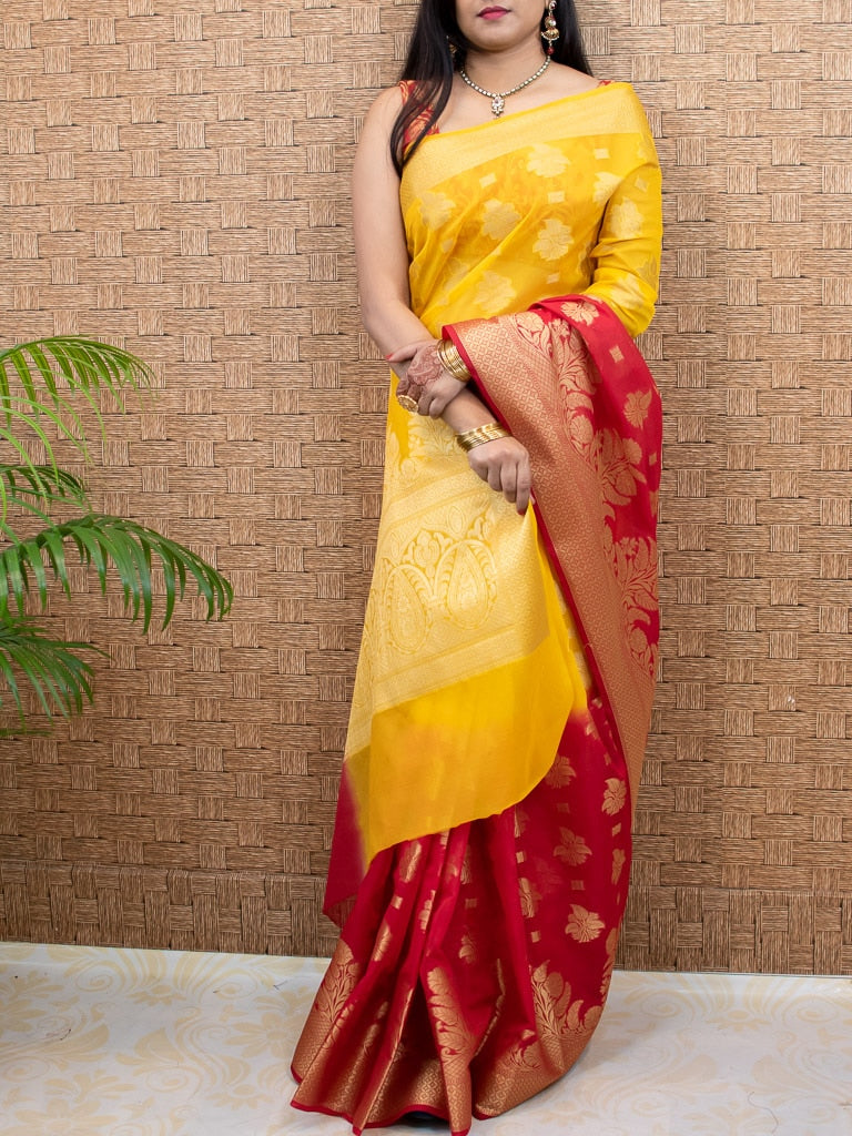 Banarasi Half & Half Semi Silk Saree With Silver Zari Paisley Weaving Saree-Yellow & Red