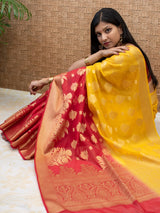 Banarasi Half & Half Semi Silk Saree With Silver Zari Paisley Weaving Saree-Yellow & Red