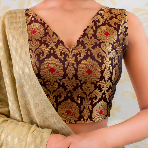 Banarasi Brocade Stitched Sleeveless V- Neck Blouse-Brown