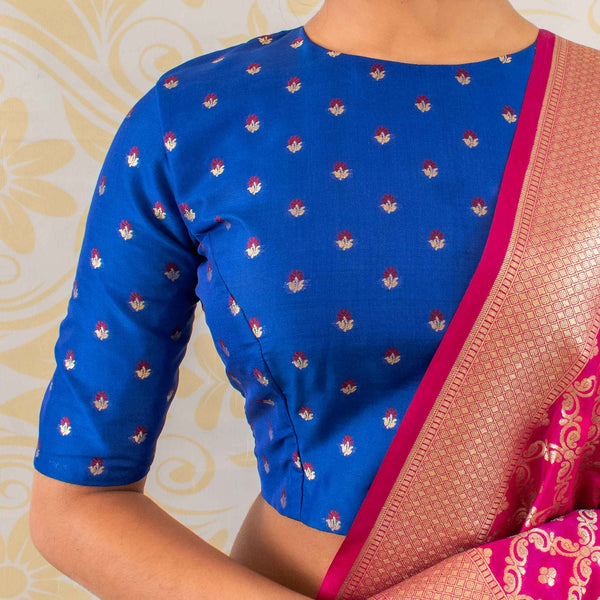 Banarasi  Round Necked Stitched Blouse With Sleeve-Royal Blue