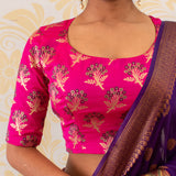 Banarasi Round Necked Stitched Blouse With Sleeve-Hot Pink