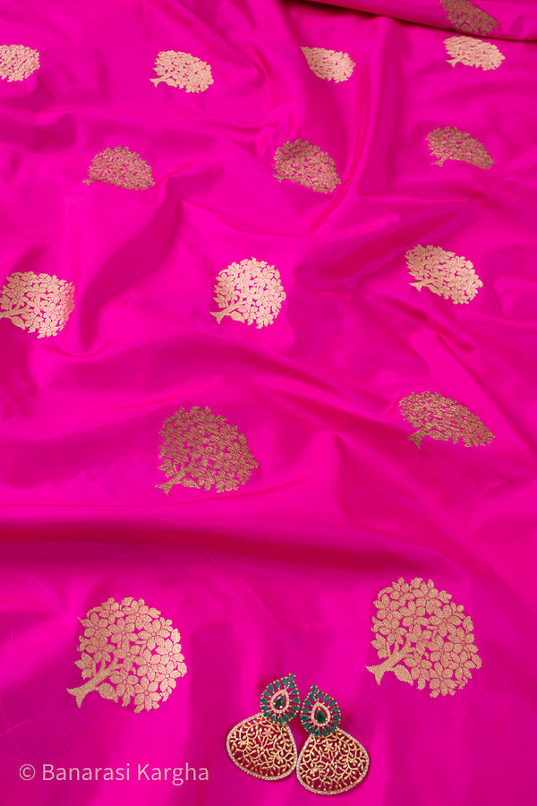 Banarasi Pure Katan Silk  Zari Kadhua Tree Buta Weaving Fabric-Magenta