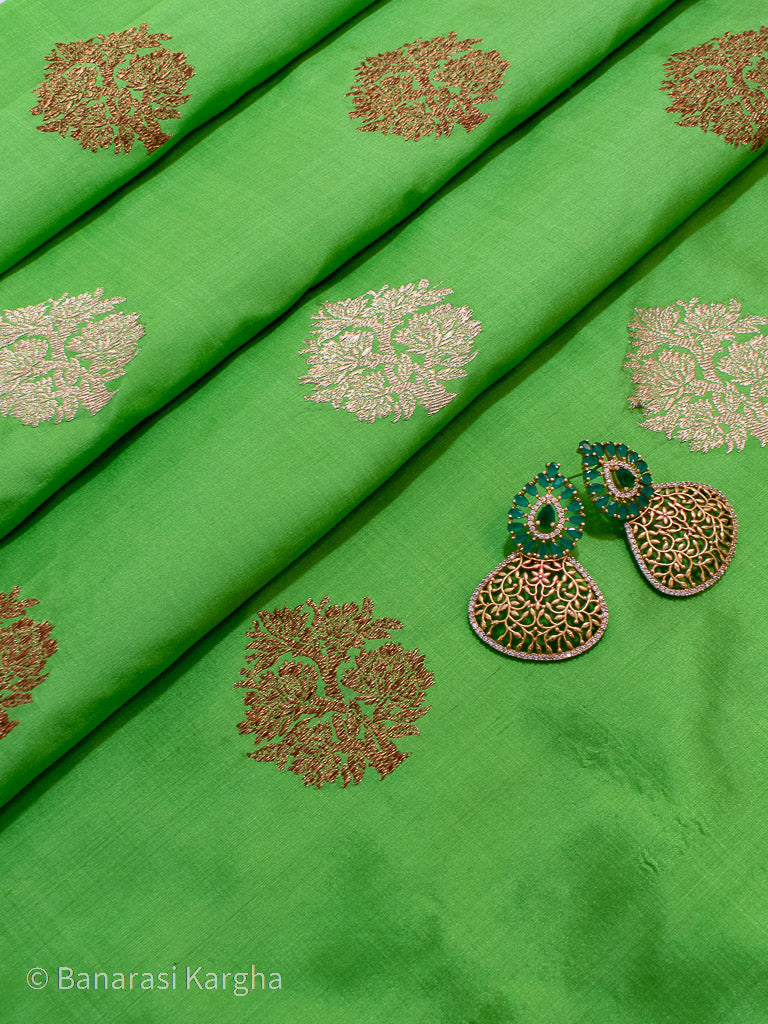 Banarasi Pure Katan Silk Gold  Zari Kadhua Buti Weaving Fabric-Parrot Green