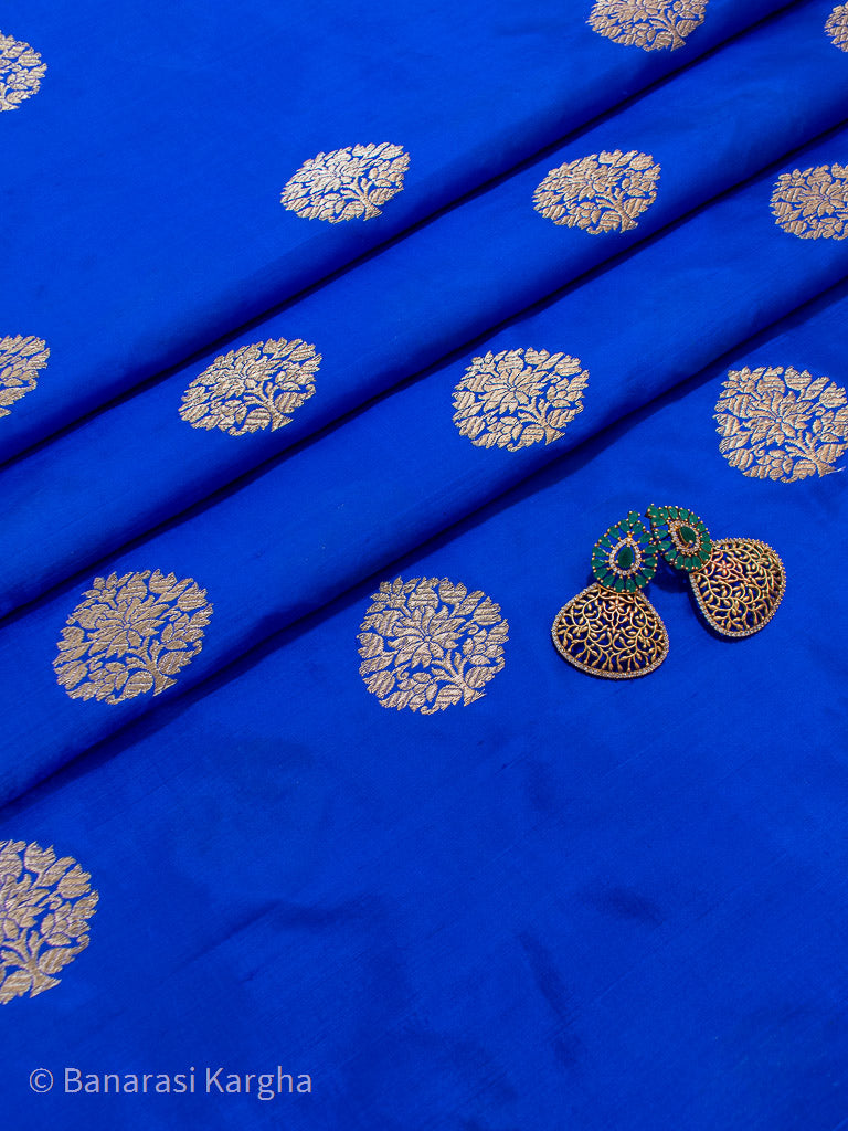 Banarasi Pure Katan Silk Zari Kadhua Tree Buta Weaving Fabric-Royal Blue
