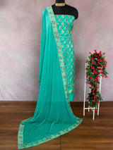 Banarasi Semi Georgette Salwar Kameez Fabric With Plain Chiffon Dupatta-Aqua Blue