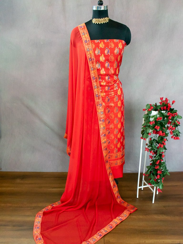 Banarasi Semi Georgette Salwar Kameez Fabric With Plain Chiffon Dupatta-Bright Red