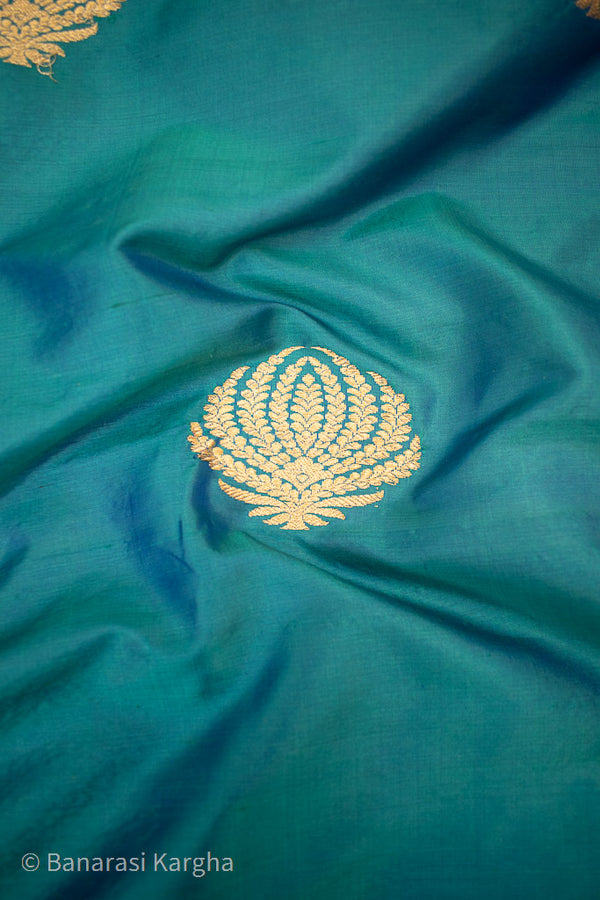 Banarasi Pure Katan Silk Antique Zari Kadhua Buta Weaving Fabric-Teal Blue