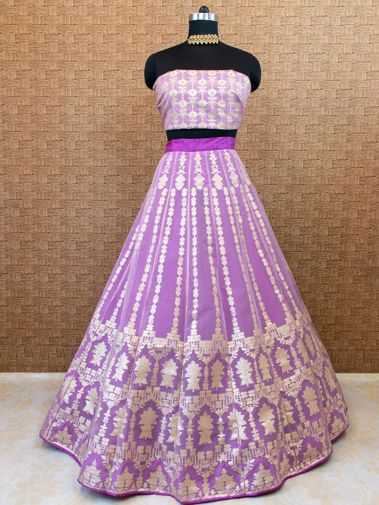 Banarasi Unstitched Lehenga & Blouse Fabric With Dupatta-Lavender
