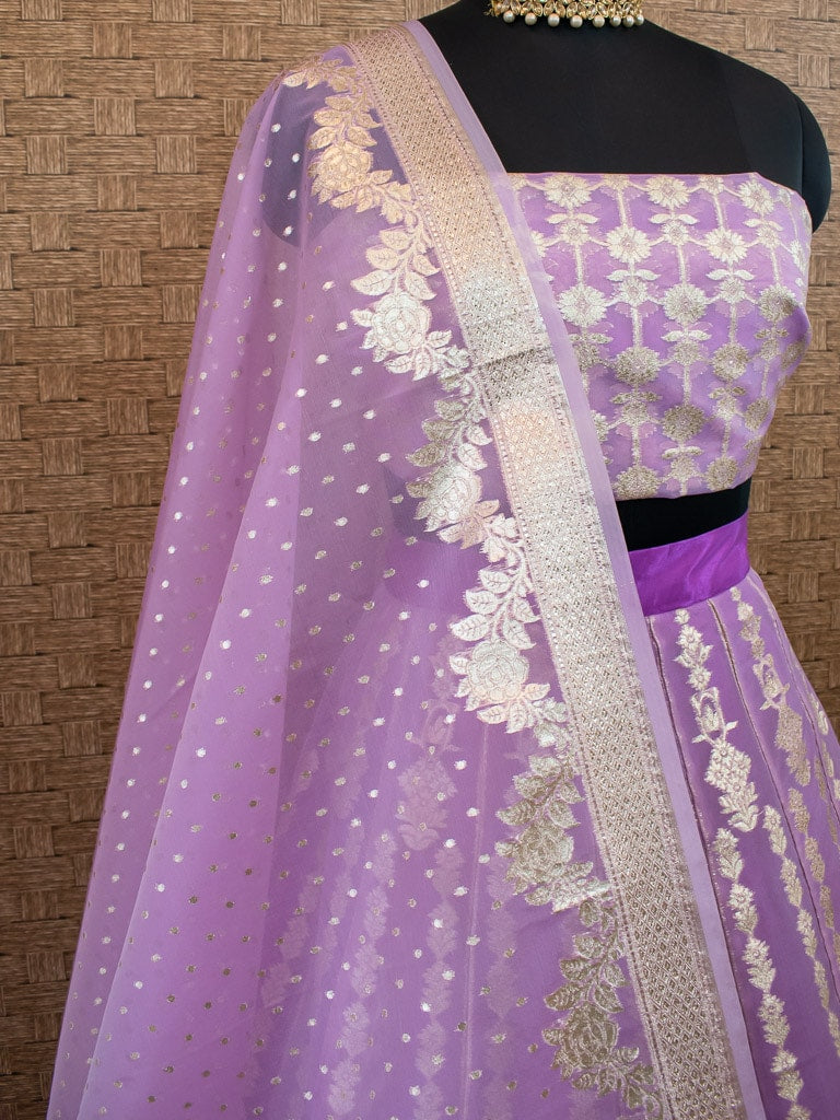 Banarasi Unstitched Lehenga & Blouse Fabric With Dupatta-Lavender