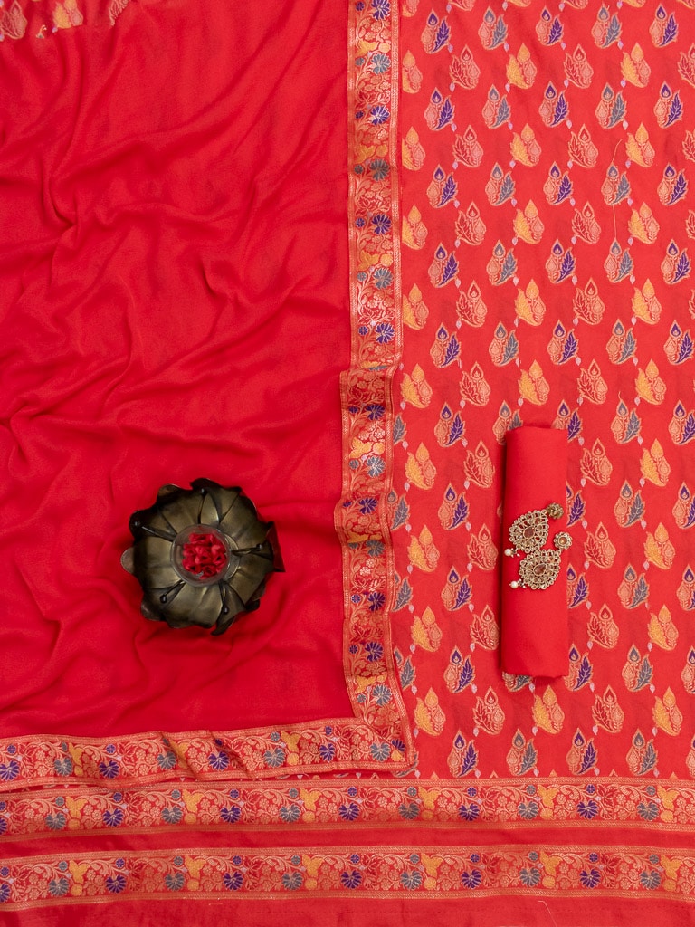 Banarasi Semi Georgette Salwar Kameez Fabric With Plain Chiffon Dupatta-Bright Red