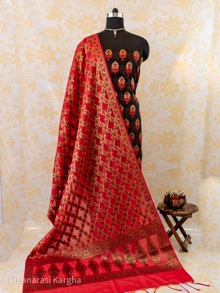 Banarasi Cotton Silk Salwar Kameez Material With Meena Weaving-Red & Black