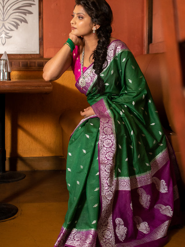 Banarasi Semi Silk Saree With Silver Zari Weaving & Contrast Border-Green
