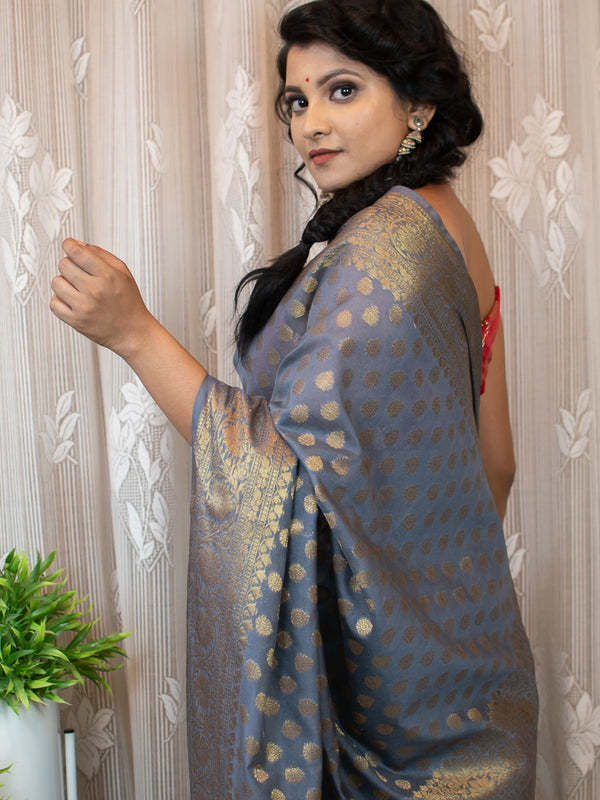 Banarasi Soft Cotton Silk Saree Antique Zari Weaving-Grey