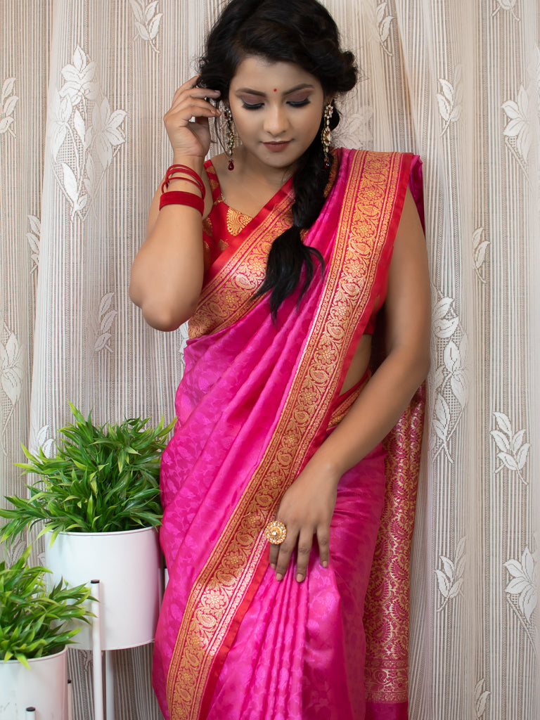 Banarasi Dual Tone Semi Silk Saree With Resham Weaving-Pink