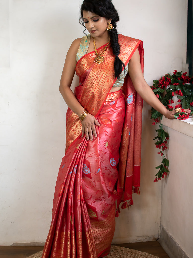 Banarasi Semi Silk Saree With Tanchoi Meena Weaving-Red