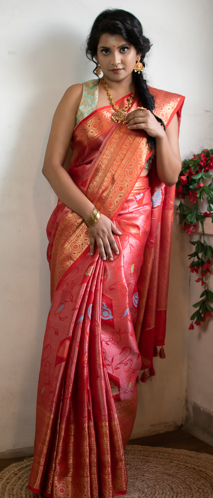 Banarasi Semi Silk Saree With Tanchoi Meena Weaving-Red