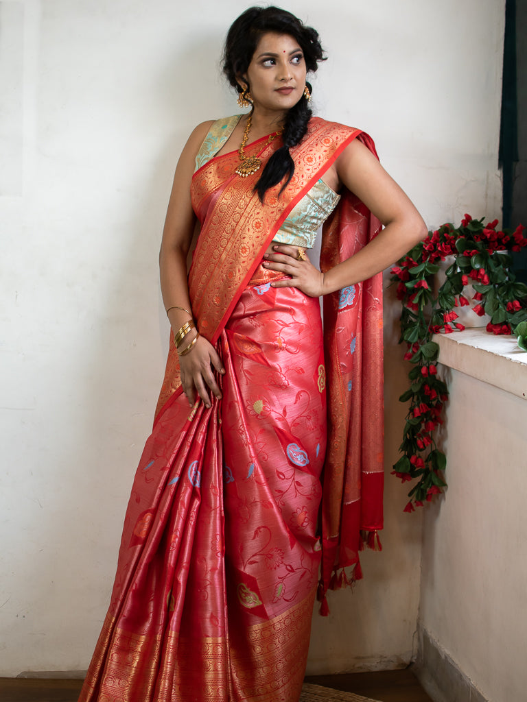 Banarasi Semi Silk Saree With Tanchoi Meena Weaving-Red