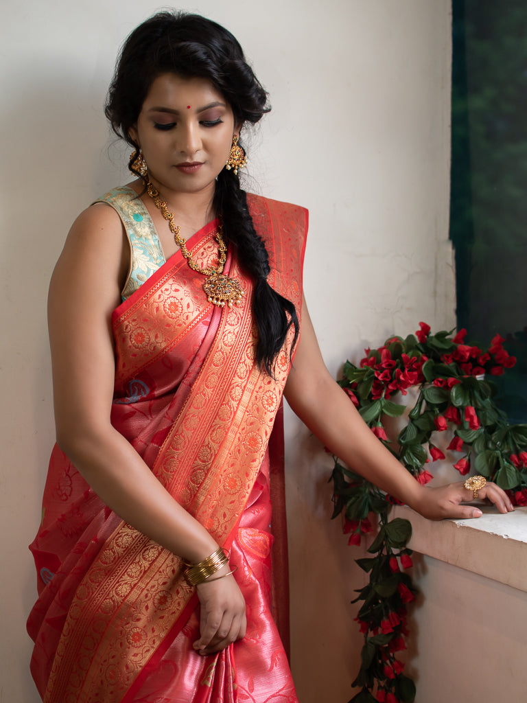 Banarasi Semi Silk Saree With Tanchoi Meena Weaving-Red