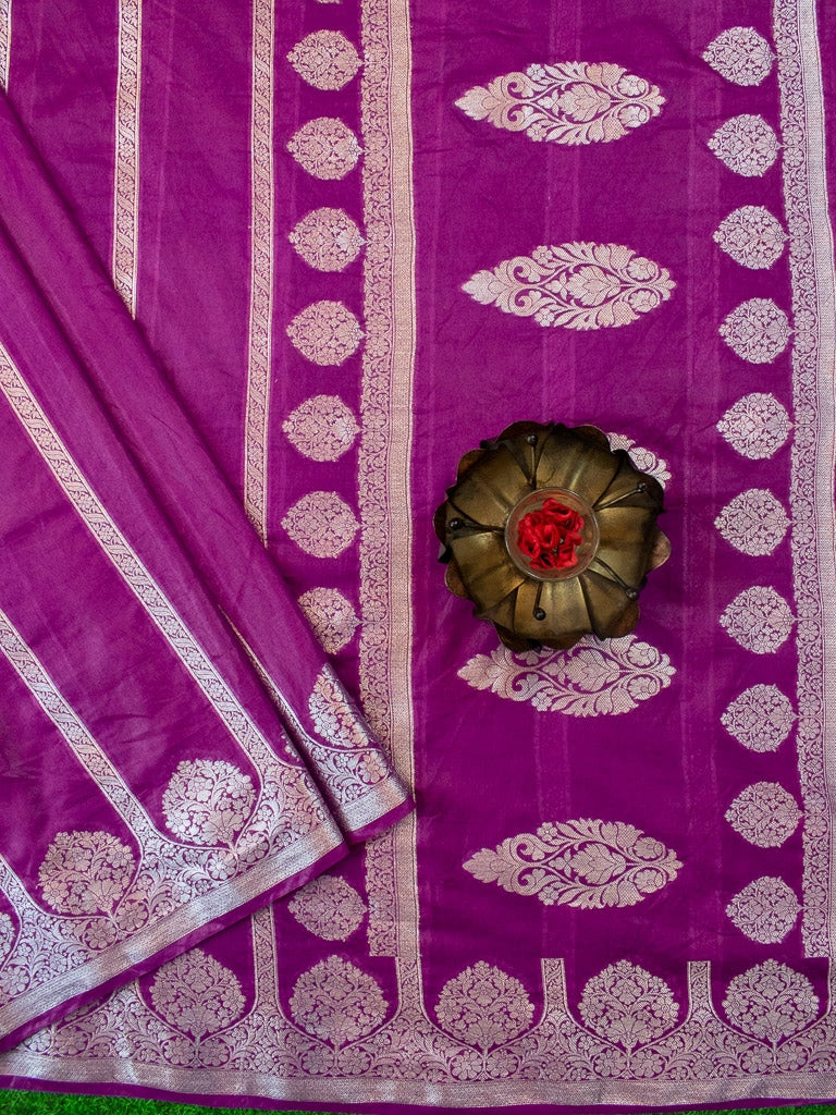 Banarasi Semi Silk Saree With Silver Zari Weaving-Purple