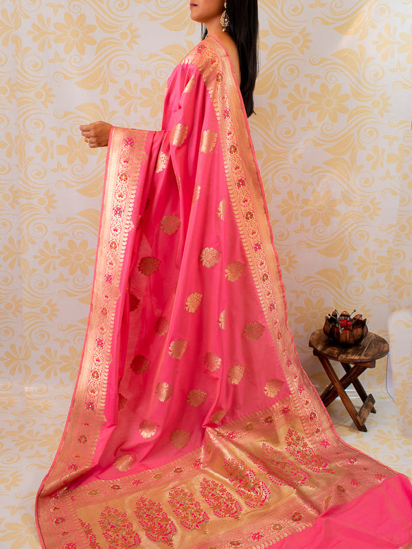 Banarasi Dual Shade Art Katan Silk Saree With Meena Buta Weaving-Pink