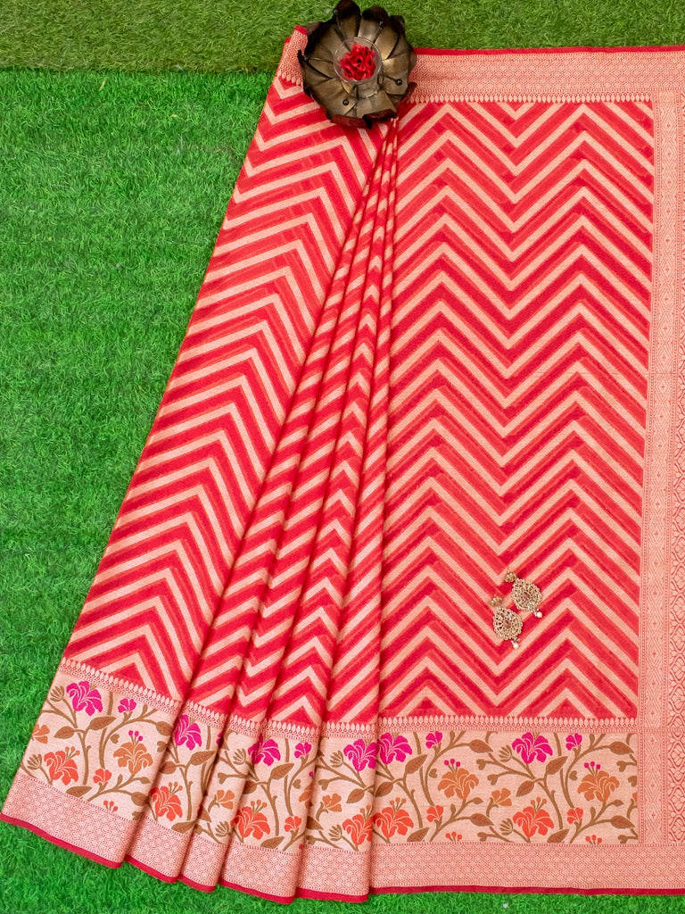 Banarasi Semi Chiffon Saree  Zari  Aada Weaving & Meena Border-Red