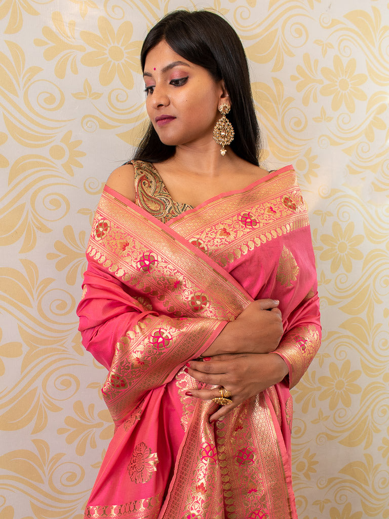 Banarasi Dual Shade Art Katan Silk Saree With Meena Buta Weaving-Pink