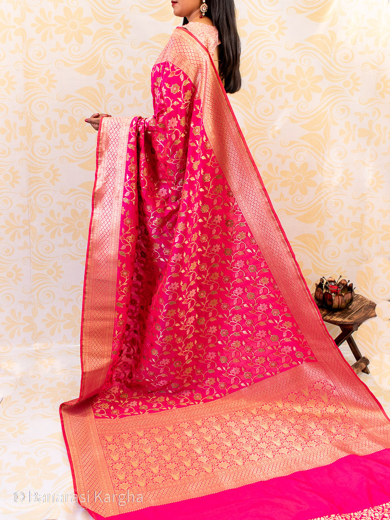 Banarasi Art Katan Silk Saree With Meena Jaal Weaving-Hot Pink