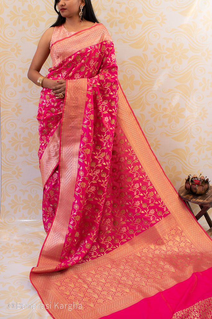 Banarasi Art Katan Silk Saree With Meena Jaal Weaving-Hot Pink