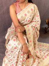 Banarasi Art Katan Silk Saree With Meena Jaal Weaving-Ivory White