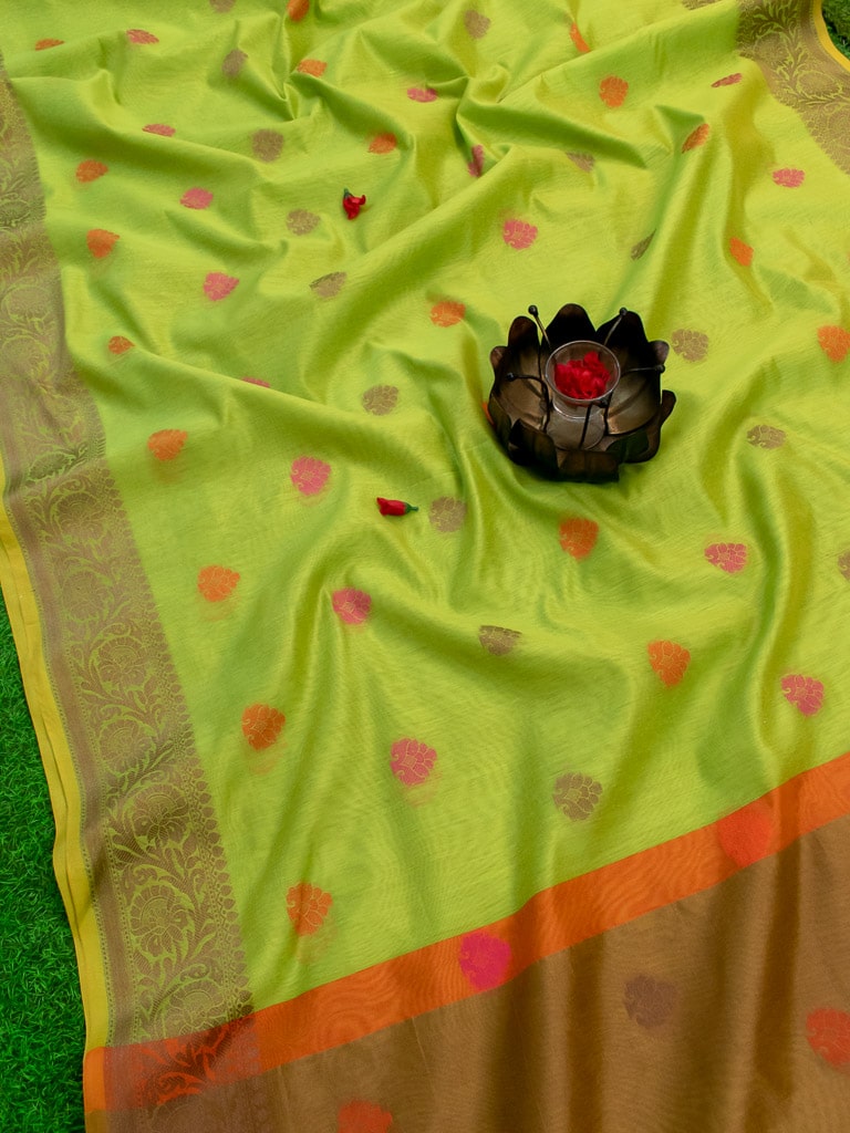 Banarasi Soft Cotton Saree With Meena Floral Weaving & Resham Border-Green