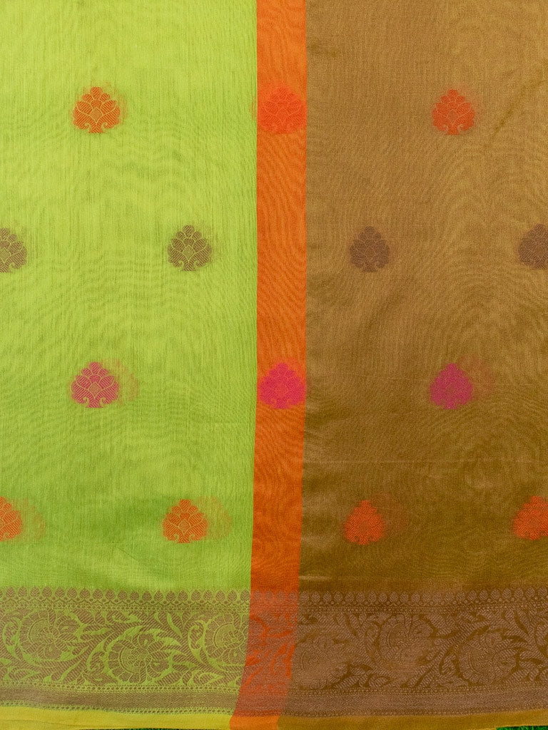 Banarasi Soft Cotton Saree With Meena Floral Weaving & Resham Border-Green