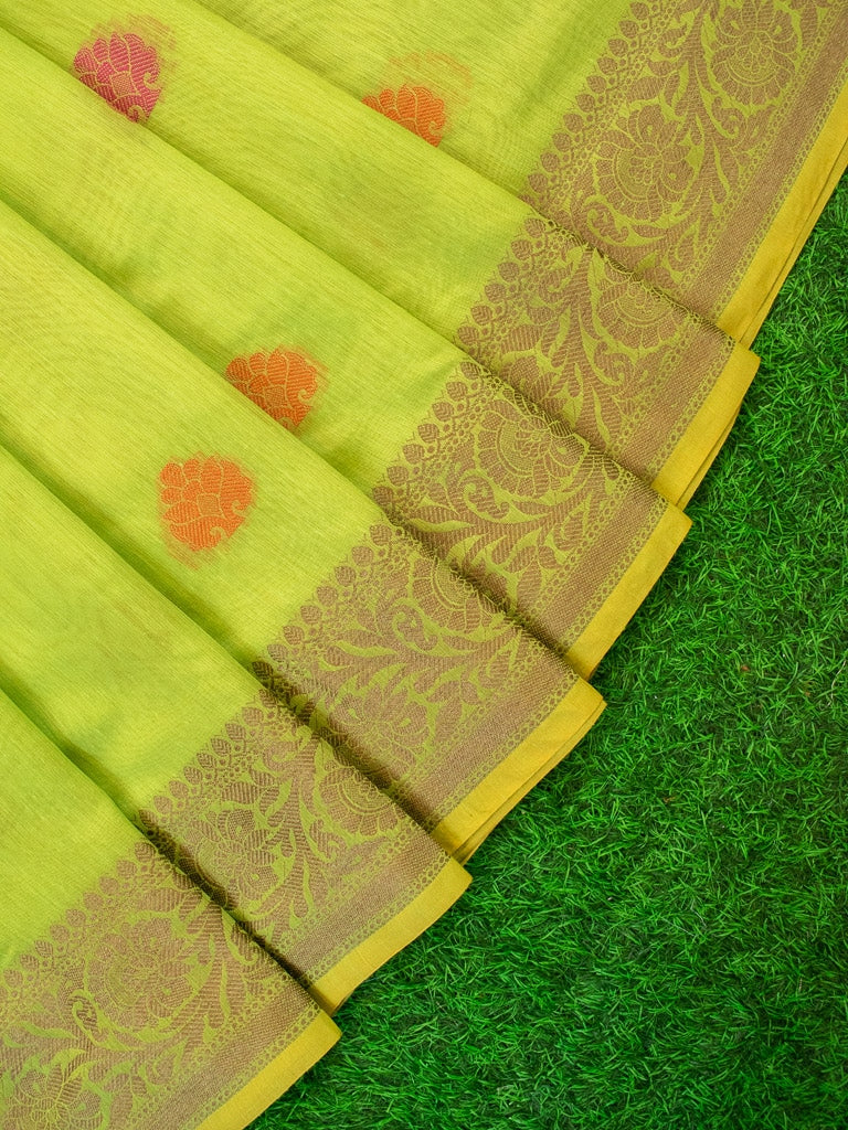 Banarasi Soft Cotton Saree With Meena Floral Weaving & Resham Border-Green