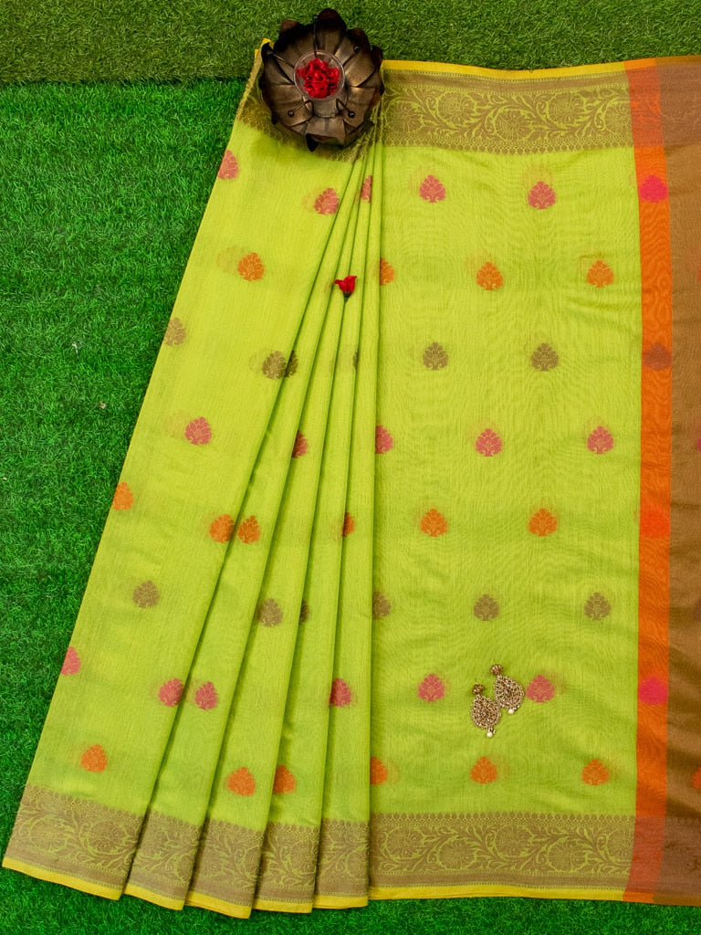 Banarasi Soft Cotton Saree With Meena Floral Weaving & Resham Border-Green